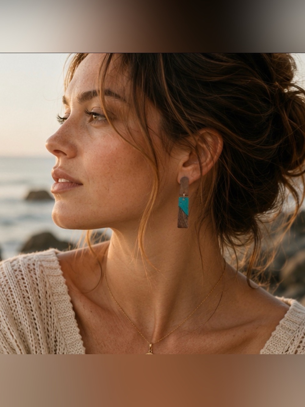 Hand Crafted Turquoise and Wood Diagonal Rectangle Drop Earrings